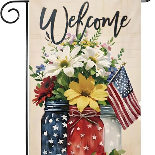 4th of July Mason Jar Flowers Summer Garden Flag 12x18, Patriotic Celebration Double-Sided Decorative Burlap Yard Flag for Memorial Day Independence Day Outside Decoration Holiday Festivities
