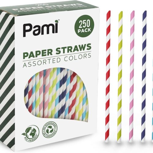 250-Pack Fun Assorted Color Compostable Biodegradable Disposable Paper Straws for Coffee, Juice, Cocktails