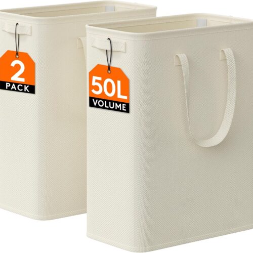 50L 2 Pack Slim Laundry Hamper, Narrow Laundry Basket with Handles, Collapsible Thin Dirty Clothes Hampers for Laundry, Foldable Laundry Bin for Bathroom Dorm Bedroom, White