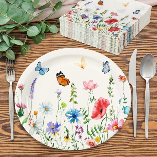 150 Pcs Floral Party Supplies, 50 Pcs Floral Paper Plates 11 Inch and 100 Pcs Wildflower Paper Napkins 13 Inch Butterfly Disposable Plates for Spring Summer Tea Party