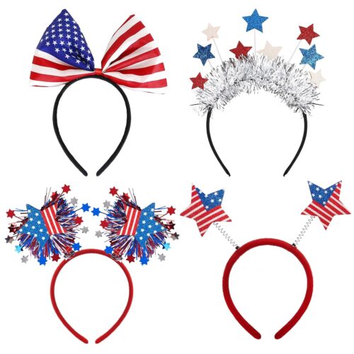4pcs 4th of July Headband Accessories Patriotic Head Boppers Memorial Day Fourth of July Headband for Women Flag Star Bow Design Red White and Blue Independence Day Party Favors