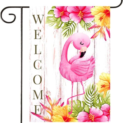 Flamingo Welcome Summer Garden Flag Tropical Pink Bird Yard Flag 12x18 Inch Vertical Double Sided Rustic Seasonal Outside Decorations