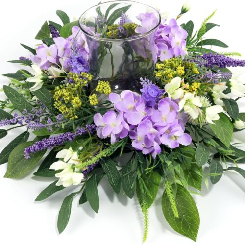 Hydrangea Floral Candle Holder Centerpiece – Artificial Silk Flowers with Glass Votive for Dining Table, Coffee Table, Fireplace Mantel, Wedding & Party Decor, Spring & Summer Home Decoration