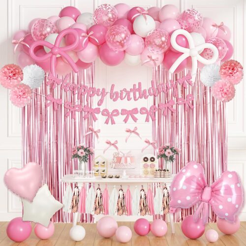 Pink Bow Birthday Party Decorations, Coquette Bow Light Pink and White Confetti Long Balloons Happy Birthday Banner Fringe Curtain Tassel Pompoms for Women Girls Mothers Day Baby Shower Decorations