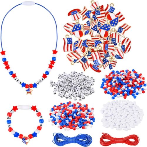 814 Pcs 4th of July Patriotic Beads Kits USA Letter Beads Red White Blue Beads America Flag Pendants for Jewelry Necklace Making DIY Crafts Independence Day Decor