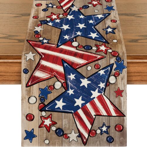 Wood Stars Beads America Patriotic 4th of July Table Runner, Memorial Day Kitchen Dining Table Decoration for Home Party Decor 13x120 Inch