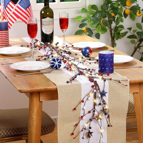 59 Inches 4th of July Patriotic Garland with Lights Red White Blue Memorial Day Garland Artificial Star and Berry Lights Battery Operated Lighted Independent Day Decor for Home Mantle Table