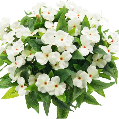 3PCS Artificial Flowers Outdoor Impatiens Bouquet for UV Resistant Silk Flowers Faux ​Impatiens Bushes White ​for Patio Lawn Garden Outdoors Pot Hanging Basket Porch Decoration