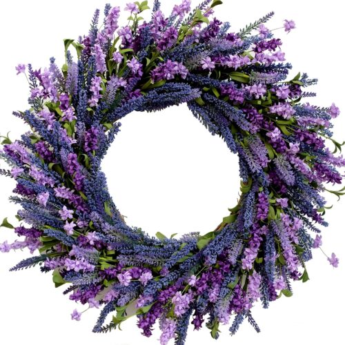 24 Inch Purple Lavender Flower Wreath for Front Door, Spring Summer Forsythia Lavender Flowers Wreath for Indoor and Outdoor Decor, Rustic and Farmhouse Purple for Home