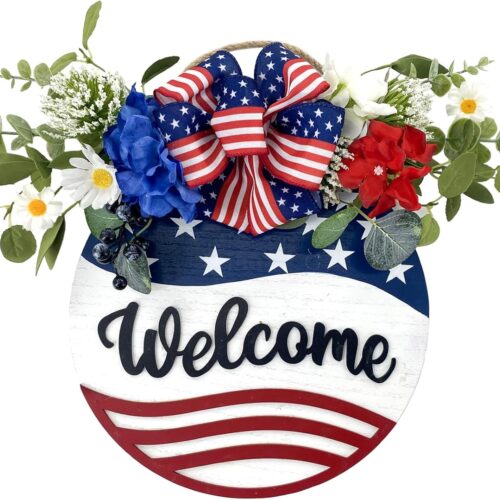 Welcome Sign Wreath 4th of July Wreath Patriotic Wreath for Front Door, 16" Red White and Blue Flower Wooden Sign Wreath for Memorial Day Independence Day Decoration