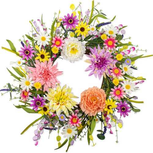 Artificial Spring Wreath 22 Inch Floral Wreaths for Front Door Spring Summer Wreath with Dahlia Daisy Flowers for Indoor Porch Wall Springtime Holidays Easter Celebrations