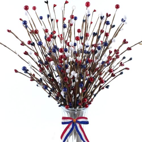 6Pack Patriotic Picks, Artificial Red White and Blue Berry Stem Picks, Patriotic Centerpieces for Tables Decorations, 4th of July Flowers American Decor for Home Independence Day (6)