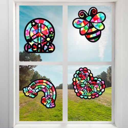 24 Pack DIY Suncatcher Paper Crafts Stained Glass Effect Paper Suncatchers, 700 Tissue Papers, Window Art Arts and Crafts for Party Favors Toys (Spring,Summer)