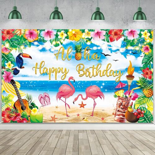 Birthday Party Decorations Supplies, Summer Hawaiian Birthday Backdrop for Tropical Flamingo Pool Beach Party Decoration, Aloha Party Banner with Palm Pineapple Hibiscus Tiki Ukulele Watercolor