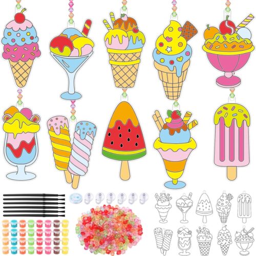 30 Sets Summer Suncatchers Window Art Drawing Kits DIY Ice Cream Sun Catcher Crafts Bulk Paint Your Own Window Hanging Ornaments for Home Classroom Birthday Party Favors Decor Gifts