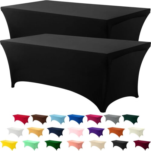 6FT Spandex Tablecloth [2 Pack, Black] 200 GSM Stretch, Fitted, Washable and Wrinkle Resistant Table Cloth Rectangle Cover for Trade Shows, Wedding, Parties [72Lx30Wx30H Inch]