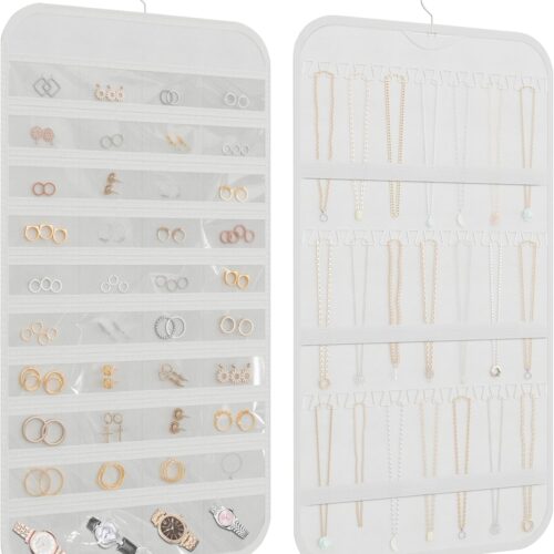 Hanging Jewelry Organizer Storage, 40 Pockets 36 Hooks Necklace Earring Necklace Bracelet Ring Organizer, Double - Sided Design, White