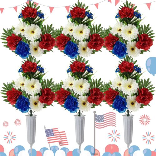 6 Sets Patriotic Memorial Bouquet with Vase Cemetery Flowers for Grave Red Blue Peony and White Mum Thank You Veterans Artificial Flowers 4th of July Funeral Headstones Bouquet Grave Decoration