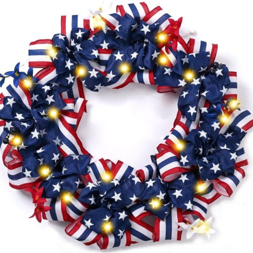 Patriotic Memorial Day Wreath for Front Door, 24" Large 4th of July Wreaths with Lights, Collasible Red White Blue Burlap Bow Wreath Decorations with Forsythia for National Holiday