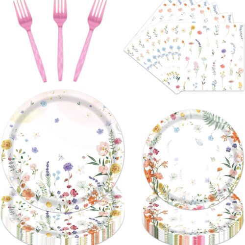 Floral Paper Plates Set - 96PCS Wildflower Party Decorations Supplies Flower Baby in Bloom Baby Shower Decorations Disposable Flower Paper Plates Napkins Tableware Spring Summer Picnic Party