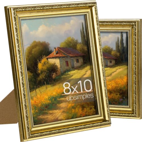 8x10 Picture Frame with Real Glass, Ornate Vintage 8 x 10 Photo Frames for Wall Decor or Tabletop Display, Gold, 2 Pack