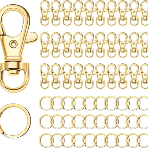 60PCS Metal Swivel Snap Hooks and Key Rings, 30PCS Lobster Claw Clasps and 30PCS Flat Key Rings for Key Chain Rings, Keychain Accessories, Keychain Rings Making kit (Golden)