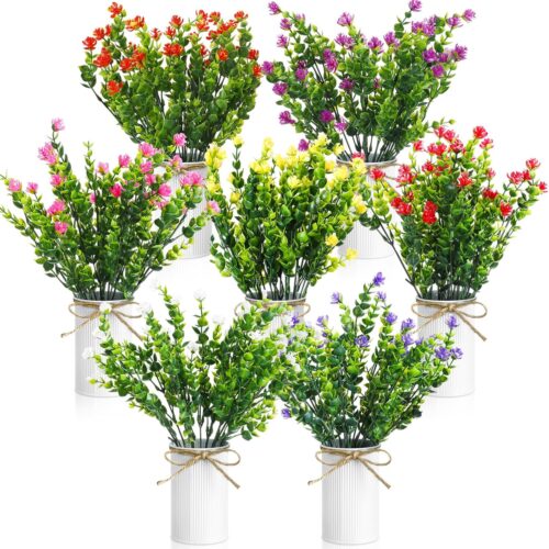 7 Sets Spring Artificial Flower Tables Centerpieces Decoration Colorful Summer Plastic Faux Flowers Eucalyptus in Metal Pots Vintage Plants Fake Small Flower in Vase Decor for Home Outdoor