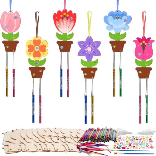 12 Pack Flower Wind Chime Craft for Kids Make You Own Flower Wind Chimes Ornaments DIY Coloring Wooden Art and Craft for Spring Summer Art Activities Birthday Decorations