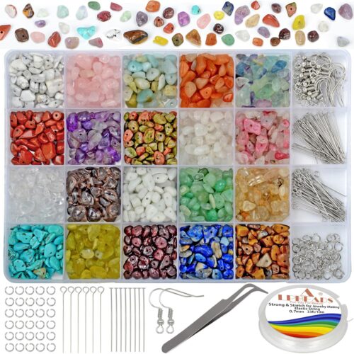 Jewelry Making Kit 1200 PCS Natural Crystal Beads in 20 Colors Gemstone, Jump Rings, Earring Hooks, Pins, Elastic Bracelet String for Women and Adults
