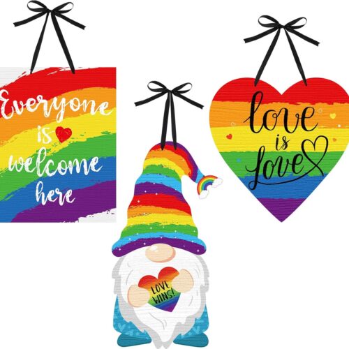 3 Pieces Rainbow Pride Wood Hanging Sign Love Wins Double Sided Printing Wooden Decor LGBT Sign Rainbow Gnome Decoration for Pride Party Wall Door Window Home Decor(Simple Style)