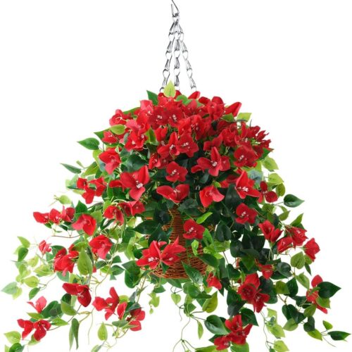 Artificial Hanging Flowers Plants Basket for Outdoor Decoration,4 PCS Faux Silk Bougainvillea Vine Flowers Look Real UV Resistant for Outside Porch Patio Yard Garden Decor(Red)