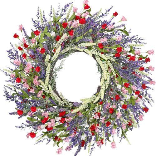 26 Inch Lavender Wreath Summer Spring Wreaths for Front Door Wreaths for Front Door for Wedding Farmhouse (Red Pink Lavender)