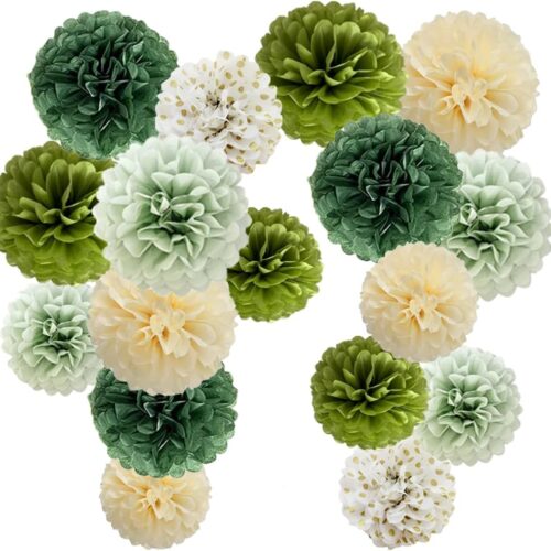 Olive Sage Green Tissue Paper Pom Poms Sage Green Baby Shower Decorations for Bridal Shower Wedding Neutral Wild Safari Jungle Woodland Birthday Party Decor