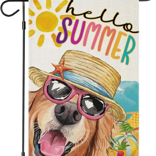 Hello Summer Garden Flags for Outside, Dog with Sunglass Beach Sun Hat Yard Decoration, Small Seasonal Outdoor Decor for Spring Farmhouse Holiday,12x18 Inch Double Sided