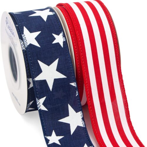 Patriotic Wired Ribbon, 2 Rolls Navy Star and Red Stripe Burlap Polyester Ribbon, 1-1/2 Inch Total 60 Feet (20 Yards), Perfect for Crafts, Wreath, 4th of July Decorations
