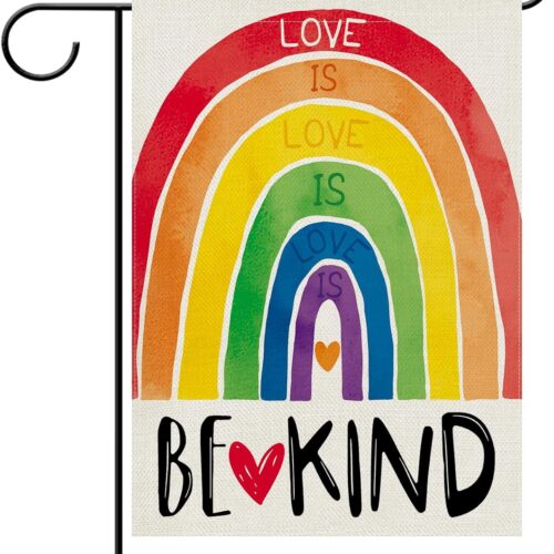 Love is Love Rainbow Decorative Garden Flag, Be Kind LGBTQ Gay Lesbian Heart Yard Outside Pride Month Home Decoration, LGBT Bisexual Pansexual Burlap Outdoor Small Decor Double Sided 12 x 18
