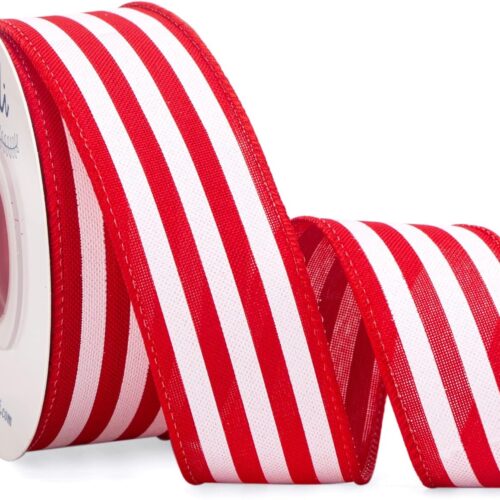 Patriotic Ribbon Wired Red and White Stripe 1-1/2 Inch x 10 Yard Red White Blue Ribbon for Wreaths,Crafts,Big Bows,Gift Wrapping, 4th of July, Independence Day, Memorial Day