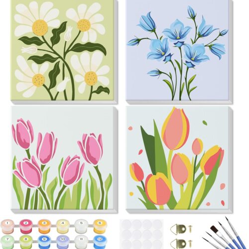 Flowers Paint by Number for Adults Beginners and Kids, 4 Pack DIY Adult Paint by Number Kits on Canvas Framed, Color by Numbers Acrylic Oil Painting Number Kits Crafts for Home Wall Decor 8x8inch