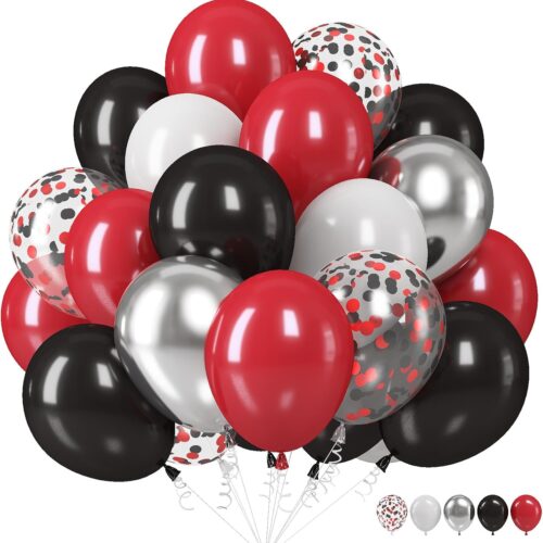 Black Red Silver Balloons, 12 Inch Black Red White Latex Balloons Black Red Silver Confetti Balloons Party Decoration for Birthday Race Car Party Graduation Engagement Anniversary