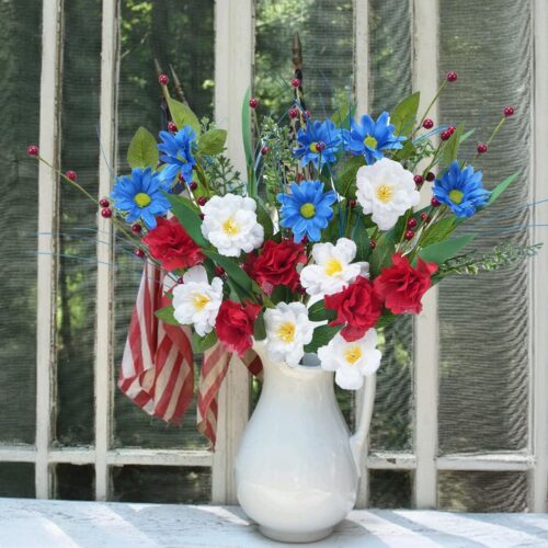 19.7'' Red White and Blue Flowers 6Pcs Patriotic Flowers Memorial Day Decorations Silk Daisy Carnations Bouquet for 4th of July Office Outdoor Table Centerpieces Independence Day Cemetery Home Decor
