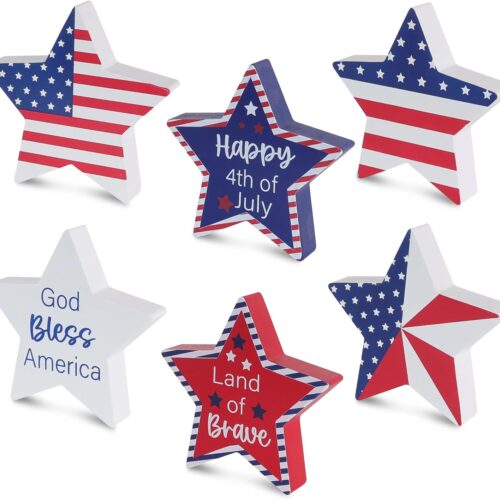 Memorial Day Decorations, 4th of July Decorations, 6Pcs Patriotic Wood Star Block Sign for Independence, Red White Blue American Fourth of July Tabletop Decor for Tiered Tray, Table, Home