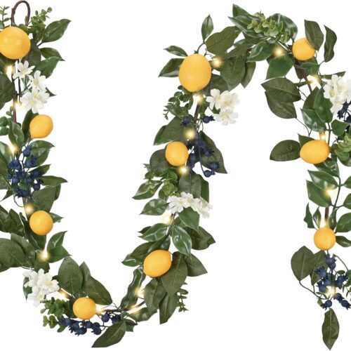 Summer Lemon Garland for Mantle with Lights, 6FT Spring Fake Fruit Eucalyptus Garland for Stairs, Artificial Thick Faux Greenery Vine for Farmhouse Home Kitchen Party Table Centerpiece