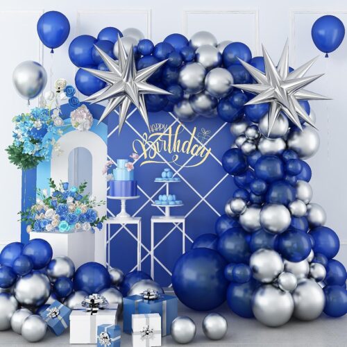 Royal Blue and Silver Balloon Garland Kit, Blue and Silver Balloons,Navy Blue and Silver Balloons with Royal Blue and Silver Balloon for Birthday Party, Weddings, Baby Shower, Anniversaries