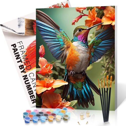 Paint by Numbers Kit for Adults Framed Canvas - 16x20 Inch Hummingbird Adult Paint by Number Kits with Frame, Hummingbird DIY Acrylic Framed Canvas for Painting Kits for Adults with Gift Box