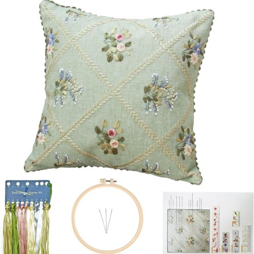 Crewel Ribbon Embroidery Kit, Floral Pillow Covers, DIY Pillowcase Kits for Audlt Beginners, 18 x 18'' (Green)