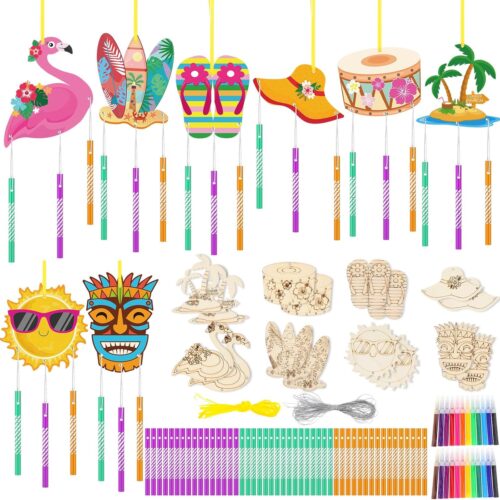 16 Pack Summer Wind Chime Kit Hawaii Craft Make Your Own Flamingos Tiki Surfboard Wind Chime DIY Wooden Hanging Ornaments Painting Craft for Hawaii Summer Family Activities Party Supplies