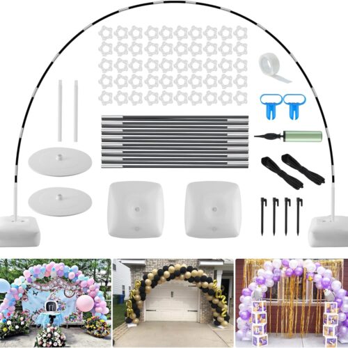 Improved Balloon Arch Kit, 10ft Wide & 9ft Tall Adjustable Balloon Arch Stand with Thicken Water Fillable Base, 50pcs Balloon Clip, Balloon Pump, Ground Nails for Wedding, Graduation, Birthday Party