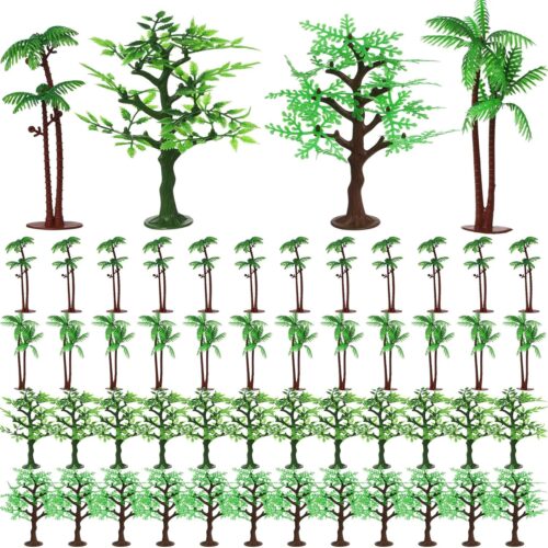 24 Pcs Mini Toy Jungle Trees Plastic Model Coconut Trees Figurines with Base Cake Decoration Rainforest Diorama Supplies Scenery Architecture for Craft, Building, Scenery Landscape, 4 Styles