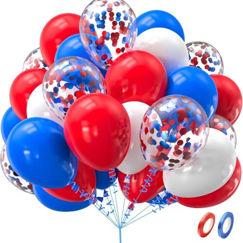 100pcs 12-inch red and blue confetti balloons set, red and blue latex balloons for decorating business events, formal dinners, weddings, birthday parties, graduation celebrations and more