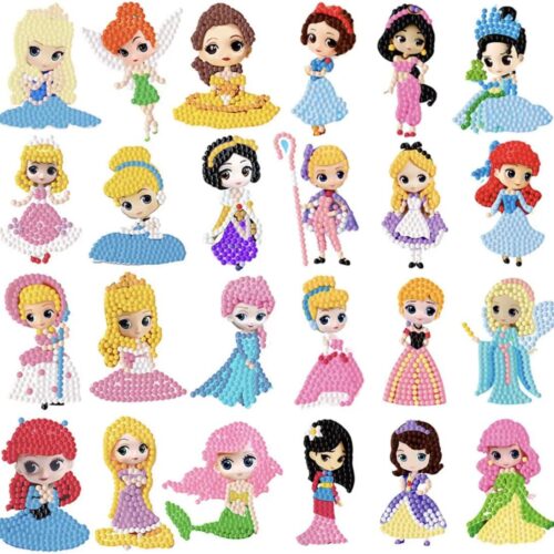 Diamond Art Kits for Kids, 5D DIY 24 PCS Mosaic Cartoon Princess Diamond Art Stickers Painting Gem Art Kits Crafts for Beginners Girls Boys